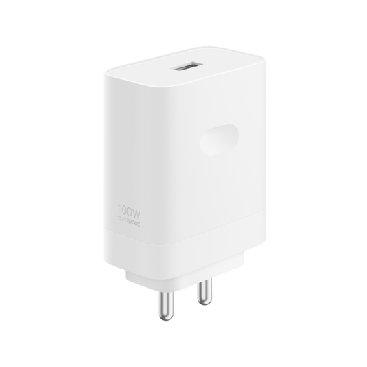 OnePlus SUPERVOOC 100W Power Adapter white front view with USB-A port and Indian plug