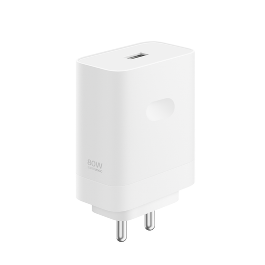 OnePlus SUPERVOOC 80W Power Adapter in white shown from a front angle