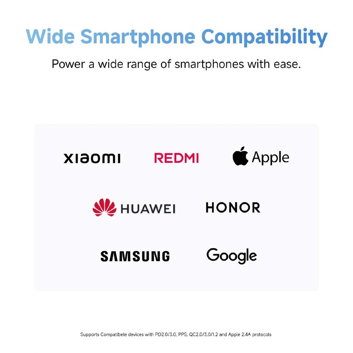 Xiaomi Magnetic Power Bank 10000 45W wide smartphone compatibility infographic showing support for Xiaomi Redmi Apple Samsung Google Huawei and Honor