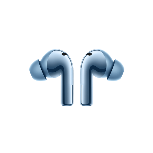 OnePlus Buds 3 Blue wireless earbuds side view showing curved stem and ear tip design