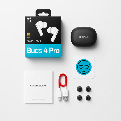 OnePlus Nord Buds 4 Pro black package contents with charging case, USB cable and ear tips