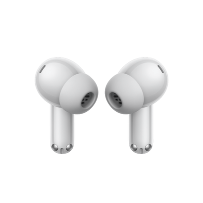 Front view of OnePlus Nord Buds 4 Pro white wireless earbuds