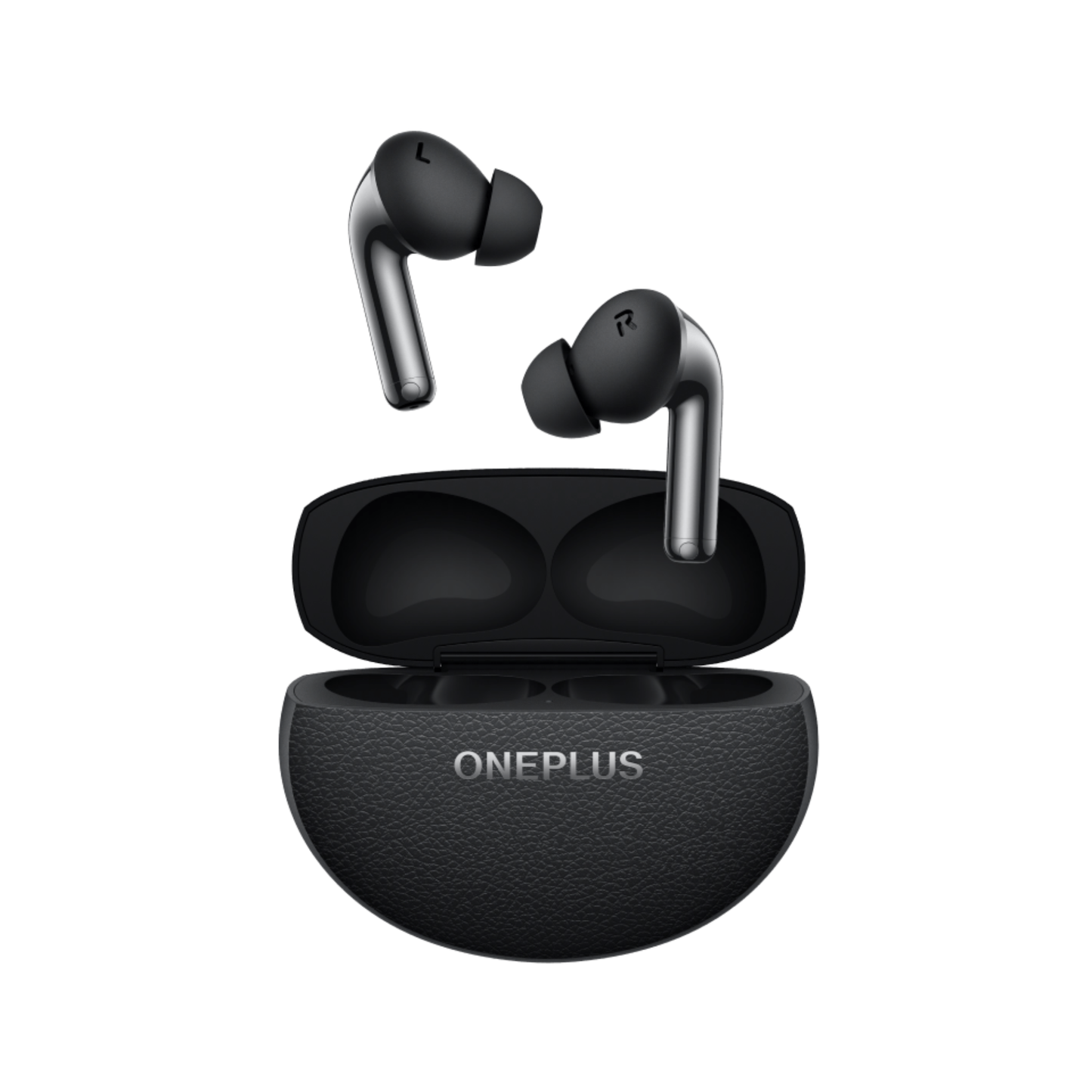 OnePlus Buds Pro 3 black wireless earbuds with open charging case front view
