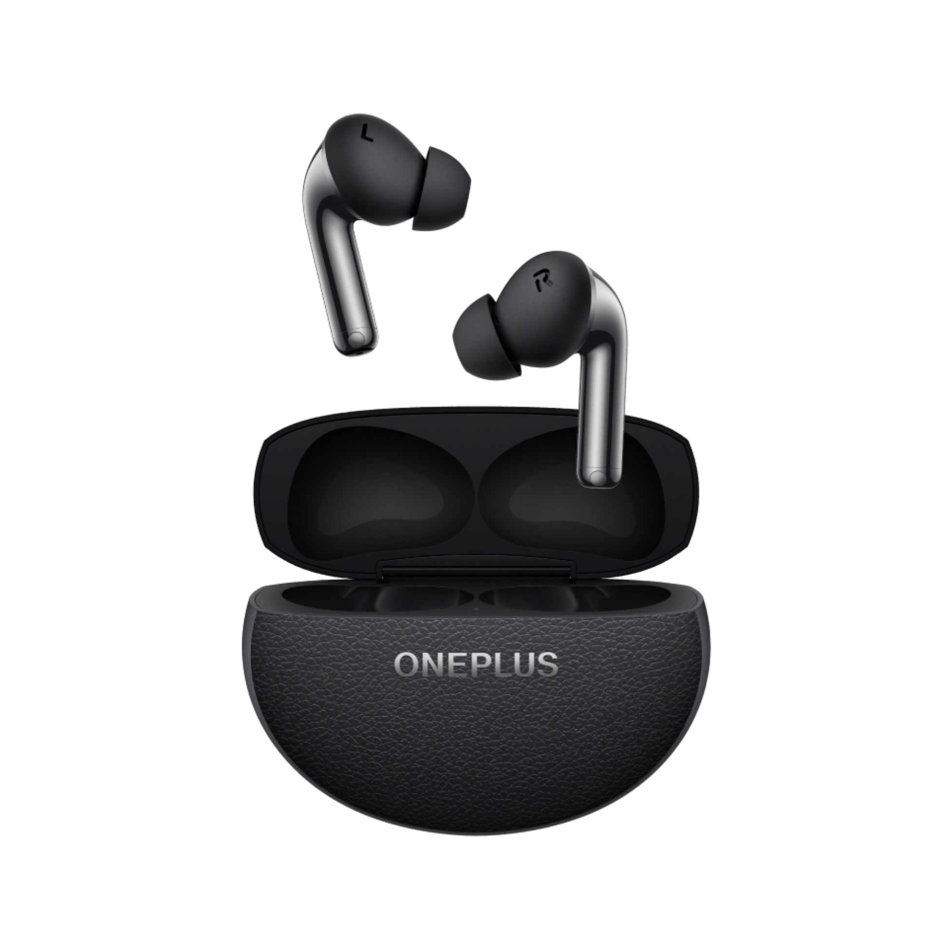 OnePlus Buds Pro 3 black wireless earbuds with open charging case front view