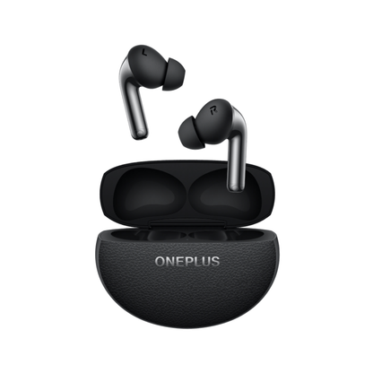 OnePlus Buds Pro 3 black wireless earbuds with open charging case front view