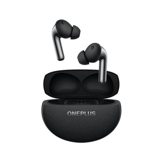 OnePlus Buds Pro 3 black wireless earbuds with open charging case front view