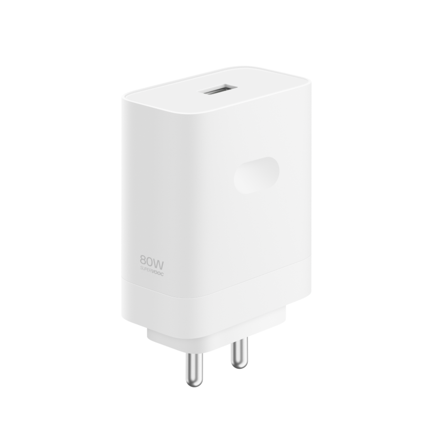 OnePlus SUPERVOOC 80W Power Adapter in white shown from a front angle