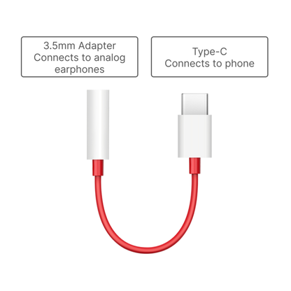 OnePlus Type-C to 3.5mm Adapter showing Type-C connection to phone and 3.5mm connection for analog earphones