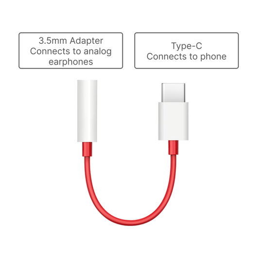 OnePlus Type-C to 3.5mm Adapter showing Type-C connection to phone and 3.5mm connection for analog earphones