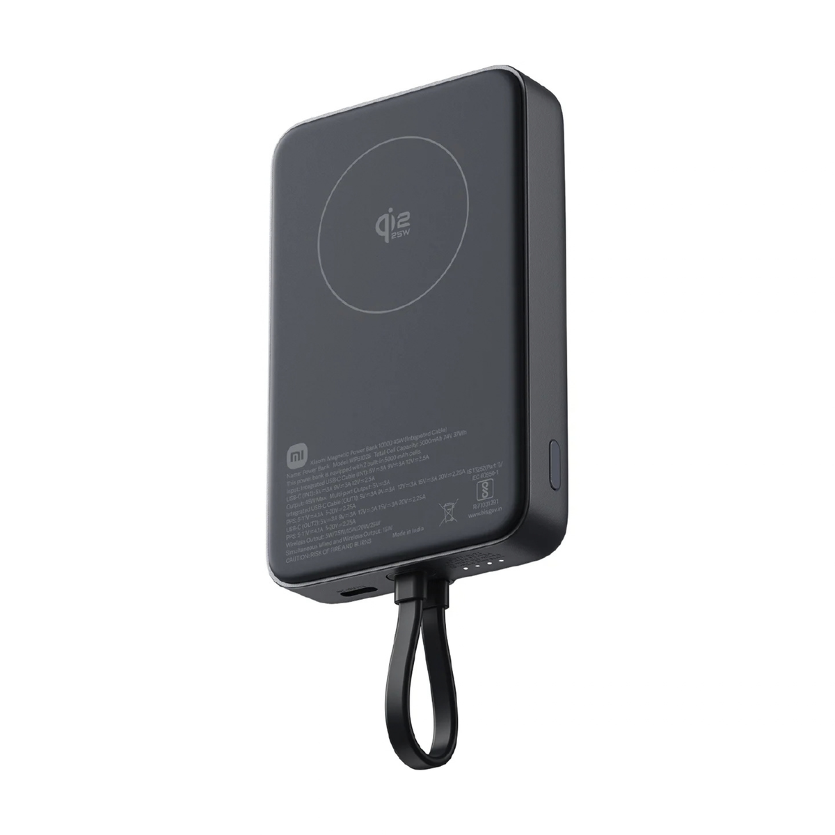 Xiaomi Magnetic Power Bank 10000 45W Black back view showing Qi2 25W wireless charging pad and integrated USB-C cable