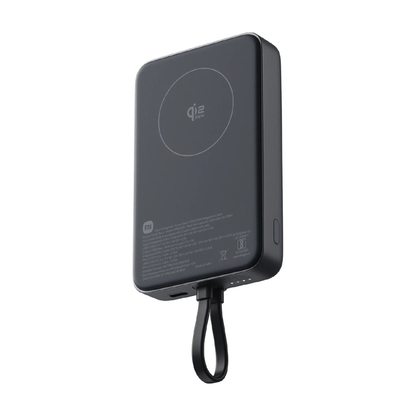 Xiaomi Magnetic Power Bank 10000 45W Black back view showing Qi2 25W wireless charging pad and integrated USB-C cable