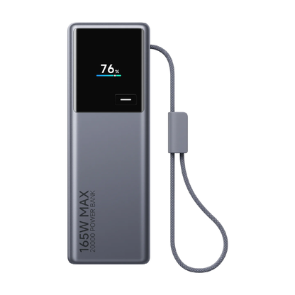 Xiaomi Power Bank 20000 165W front view showing smart color display at 76% battery and built-in braided USB-C cable