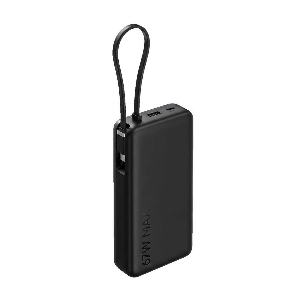 Xiaomi Power Bank 5i 20000 67W Black angled front view showing USB-A USB-C ports and built-in Type-C cable loop