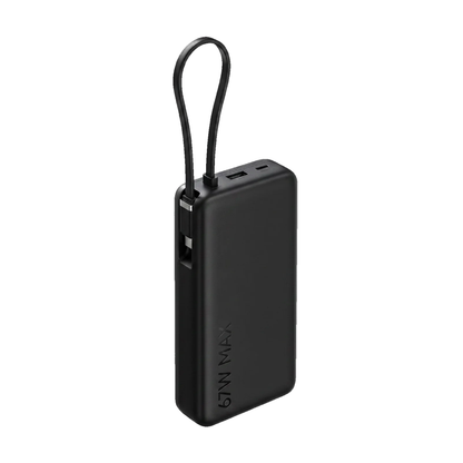 Xiaomi Power Bank 5i 20000 67W Black angled front view showing USB-A USB-C ports and built-in Type-C cable loop