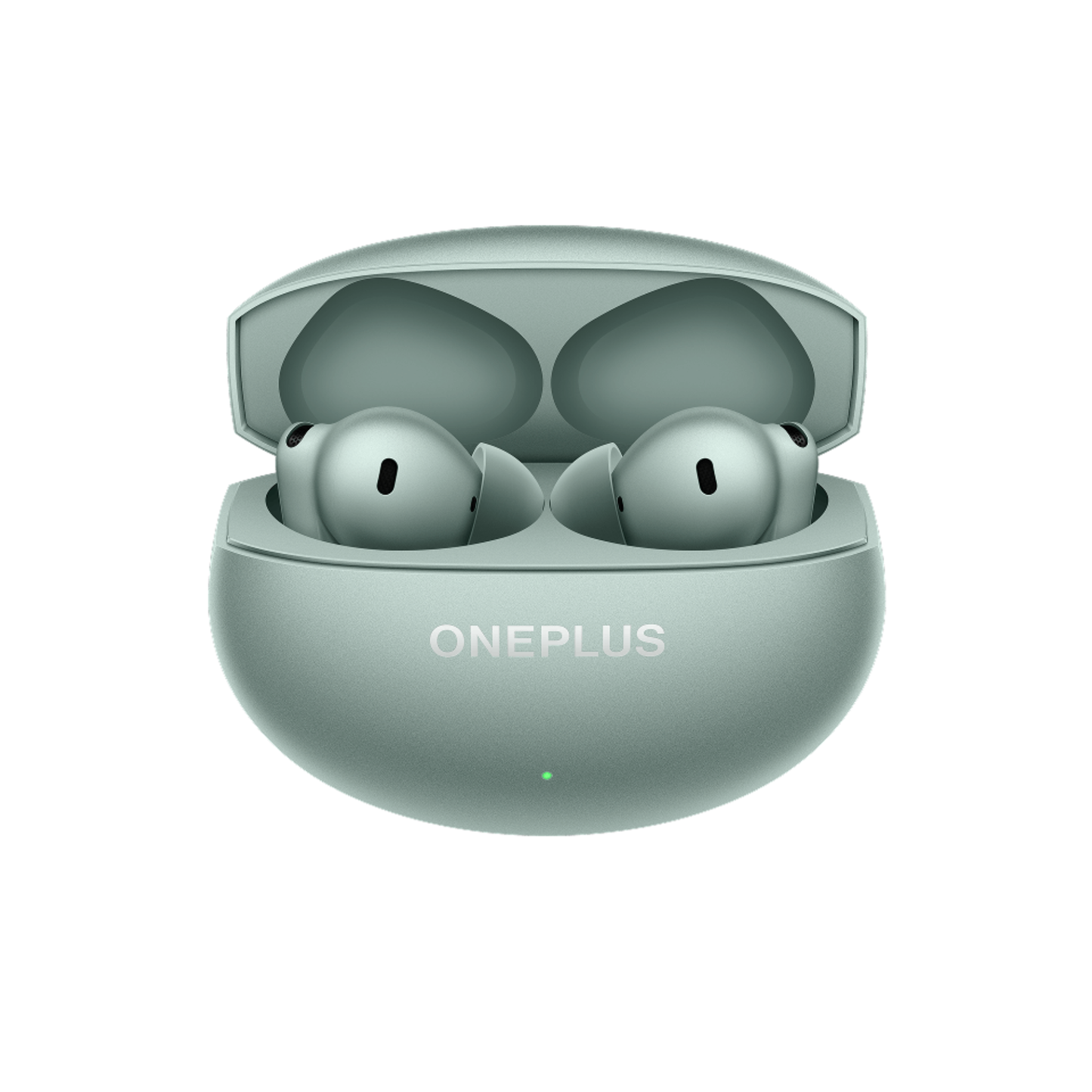 OnePlus Buds 4 Green charging case open with earbuds seated inside showing ONEPLUS branding