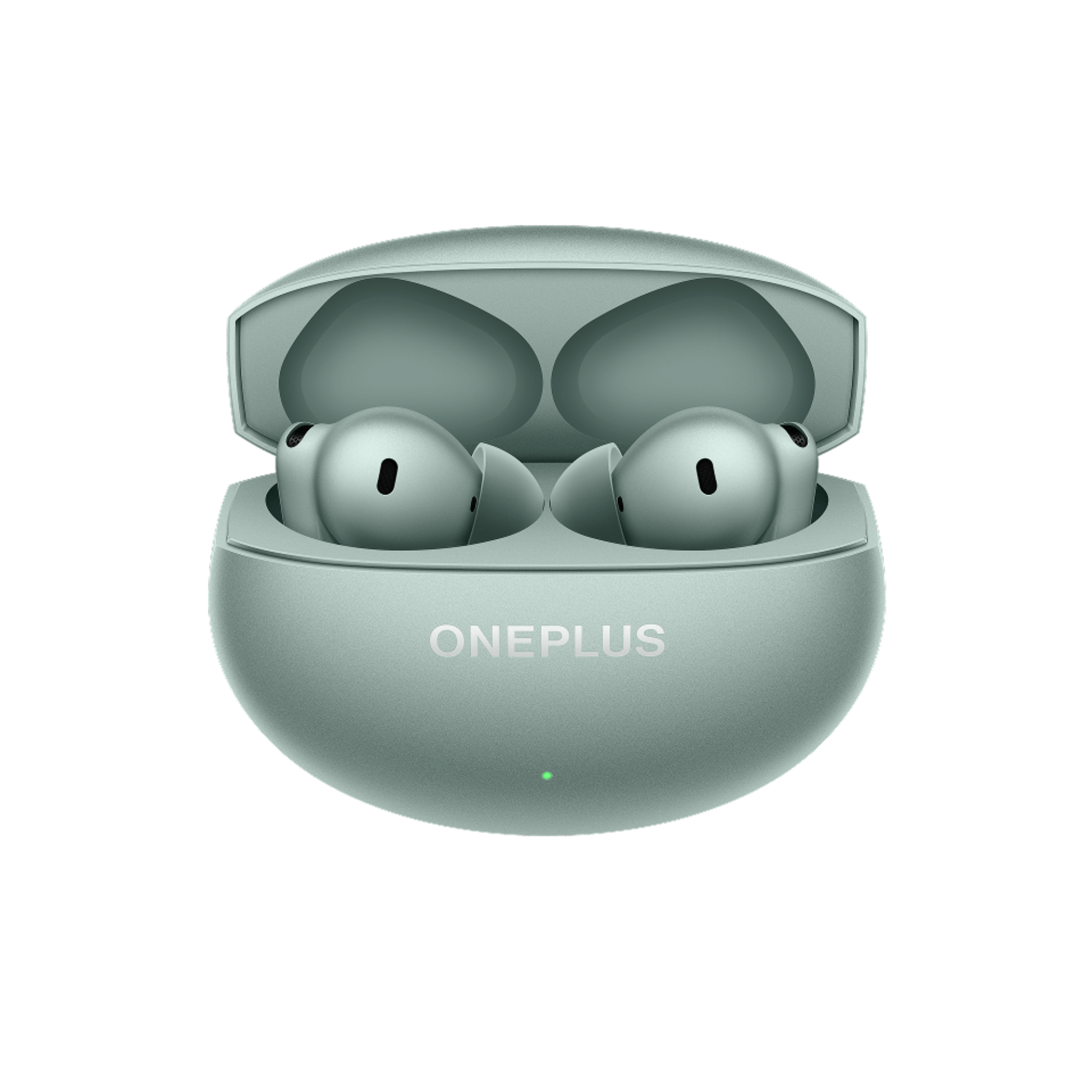 OnePlus Buds 4 Green charging case open with earbuds seated inside showing ONEPLUS branding
