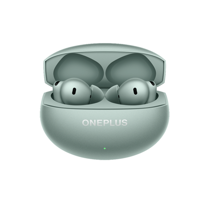 OnePlus Buds 4 Green charging case open with earbuds seated inside showing ONEPLUS branding