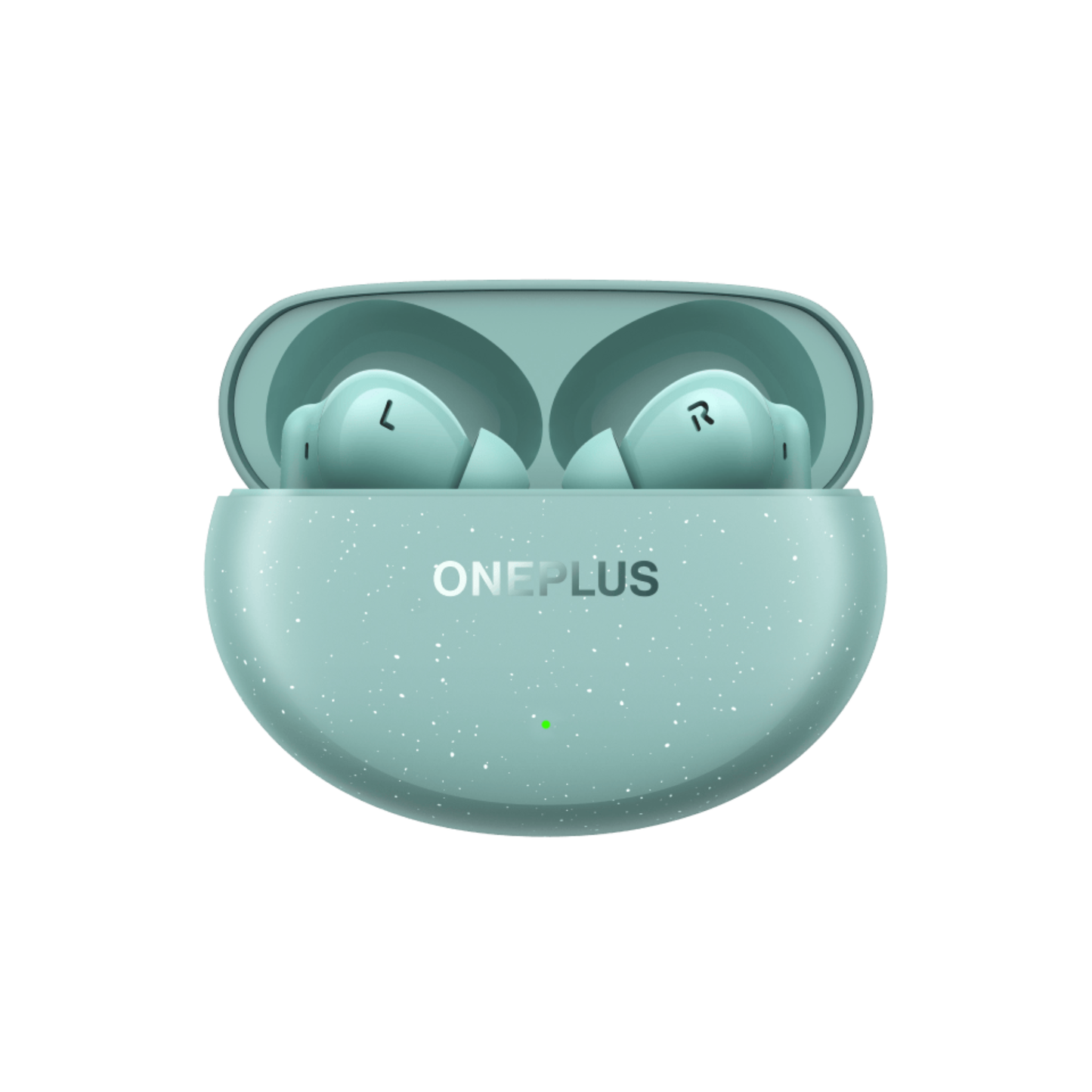 OnePlus Nord Buds 3 Pro Green charging case open front view with both earbuds seated inside