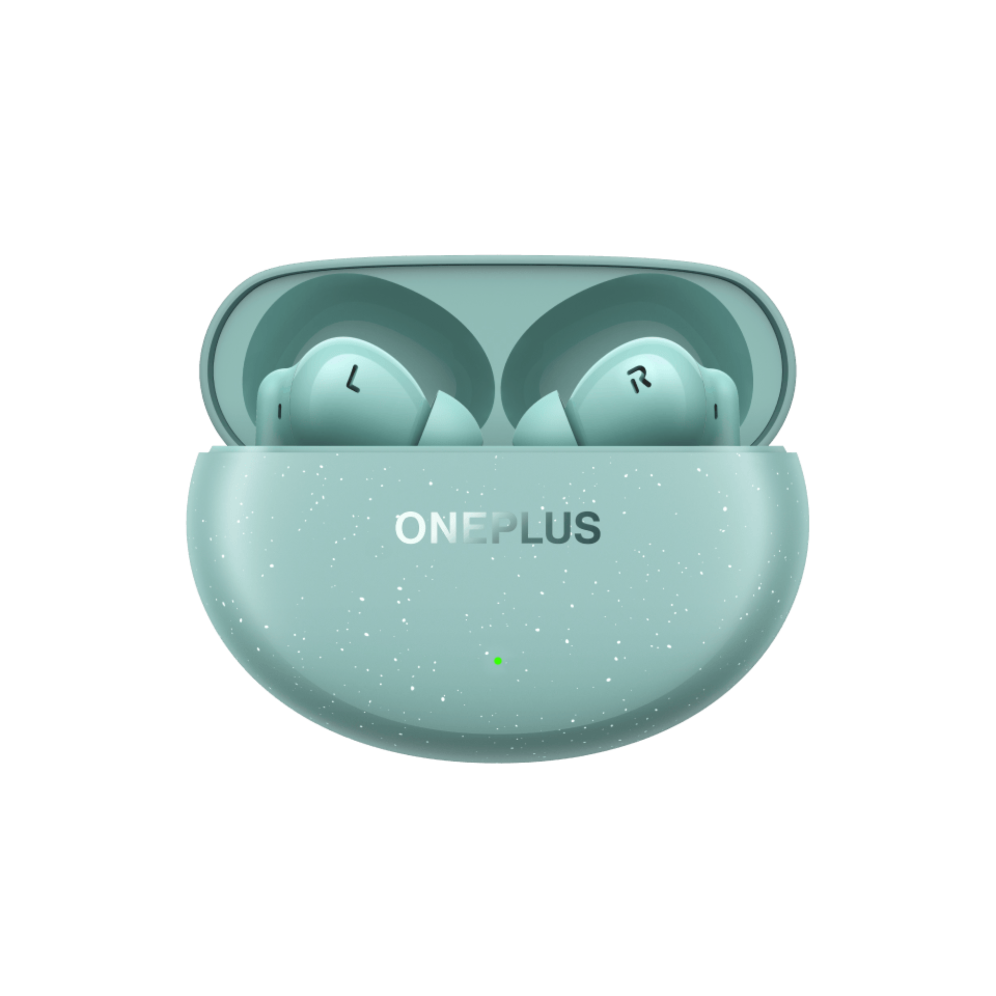 OnePlus Nord Buds 3 Pro Green charging case open front view with both earbuds seated inside
