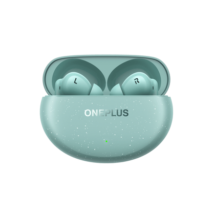 OnePlus Nord Buds 3 Pro Green charging case open front view with both earbuds seated inside