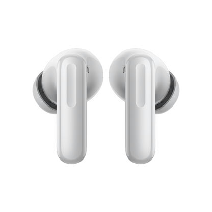 Rear view of OnePlus Nord Buds 4 Pro white wireless earbuds