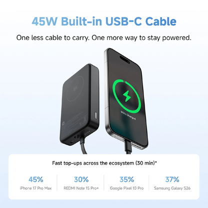 Xiaomi Magnetic Power Bank 10000 45W built-in USB-C cable fast charging smartphone showing 45% charge in 30 minutes