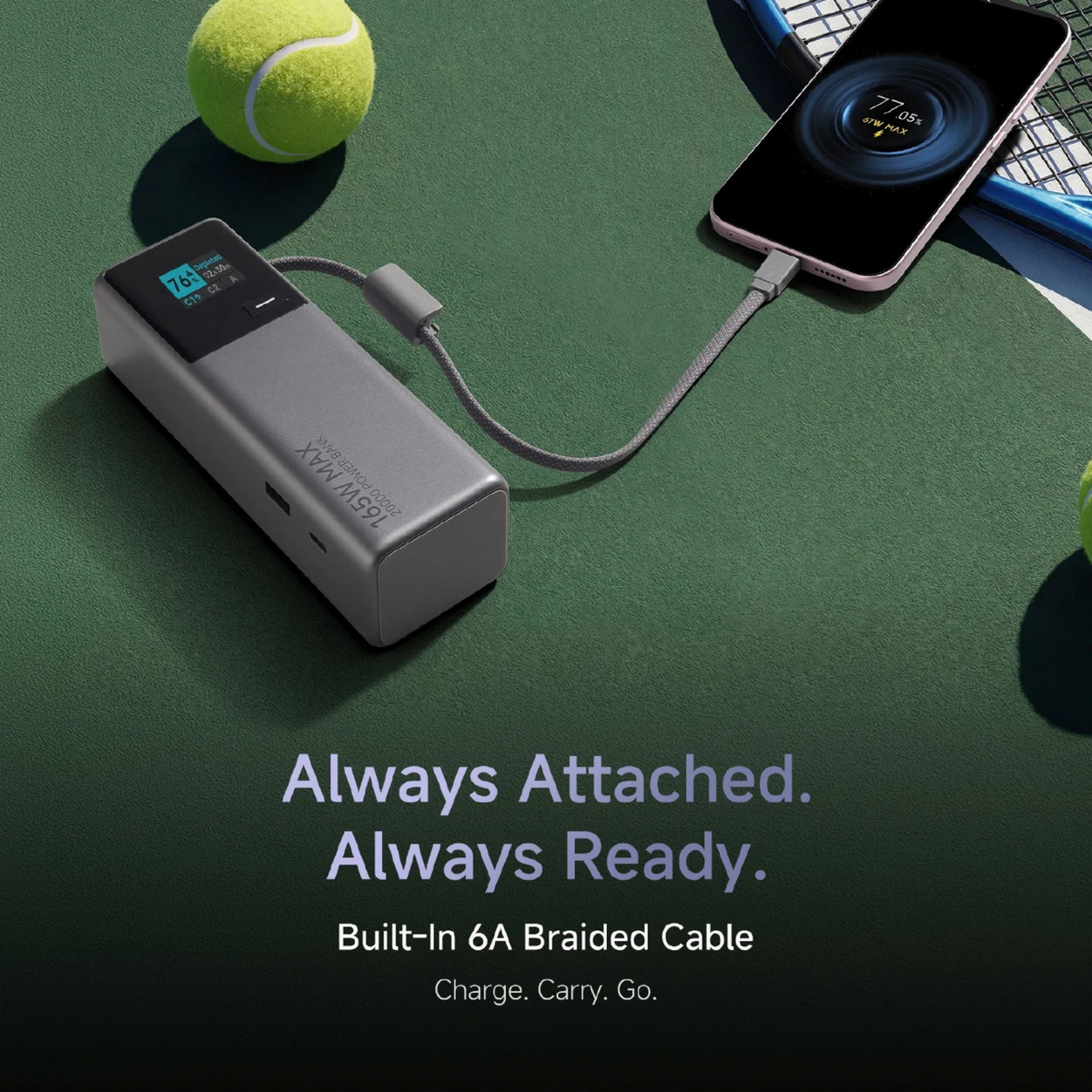 Xiaomi Power Bank 20000 165W built-in 6A braided cable fast charging smartphone on tennis court