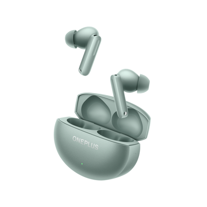 OnePlus Buds 4 Green TWS earbuds floating out of open charging case angled view
