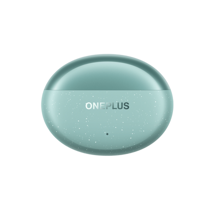 OnePlus Nord Buds 3 Pro Green charging case closed front view with ONEPLUS branding and LED indicator