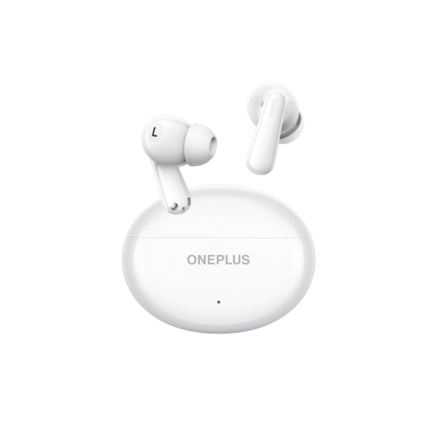 OnePlus Nord Buds 3 White TWS earbuds floating out of open charging case angled view
