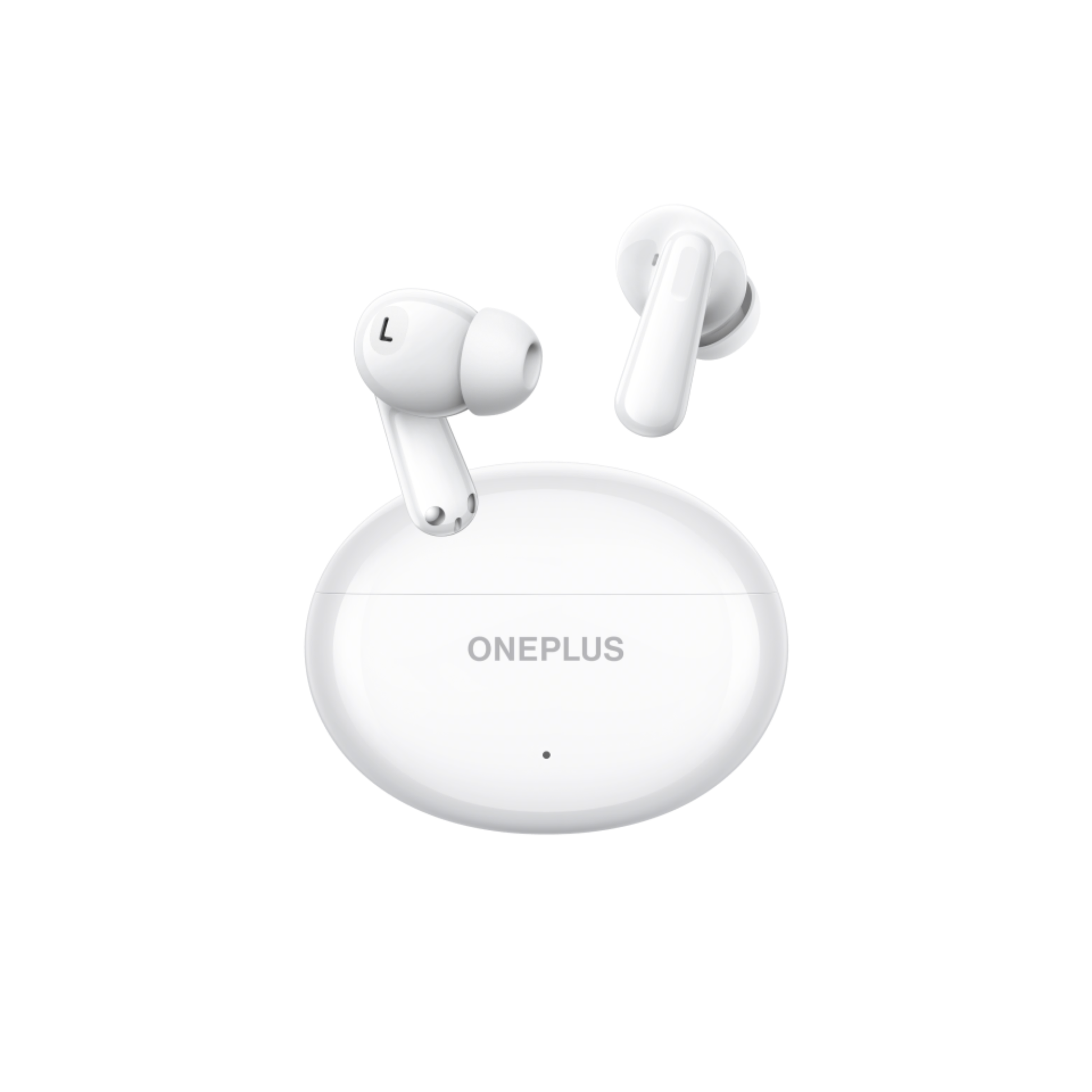 OnePlus Nord Buds 3 White TWS earbuds floating out of open charging case angled view