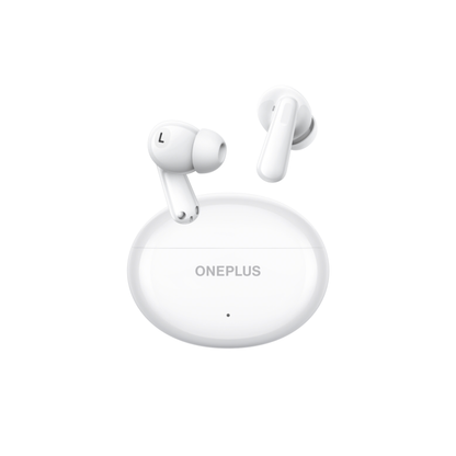OnePlus Nord Buds 3 White TWS earbuds floating out of open charging case angled view