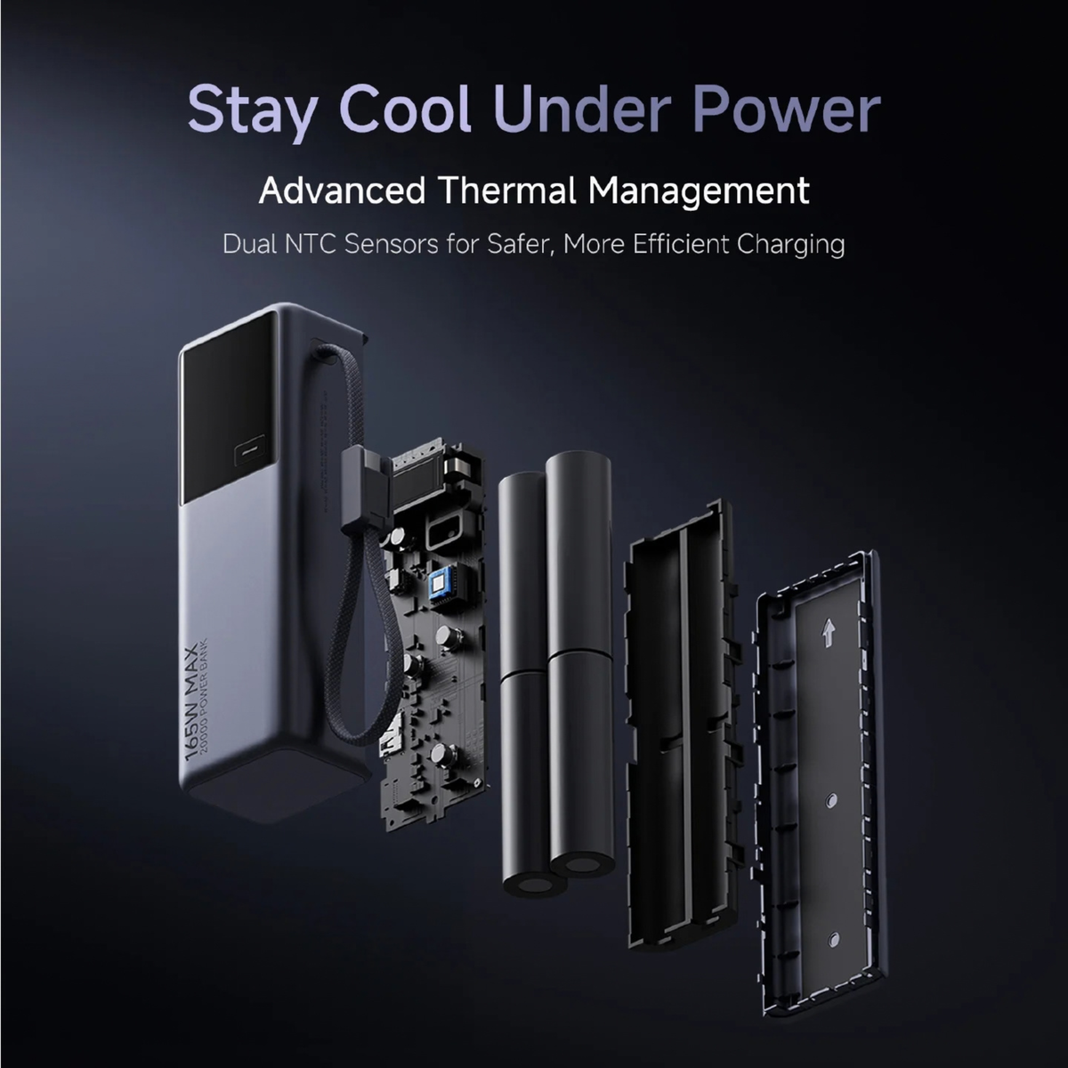 Xiaomi Power Bank 20000 165W advanced thermal management exploded view showing dual NTC sensors and internal construction