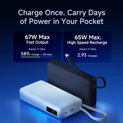 Xiaomi Power Bank 5i 20000 67W fast output and 65W high speed recharge infographic showing both Black and Blue color variants
