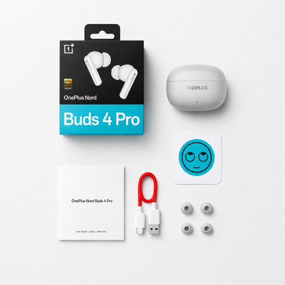 OnePlus Nord Buds 4 Pro white package contents with charging case, USB cable and ear tips