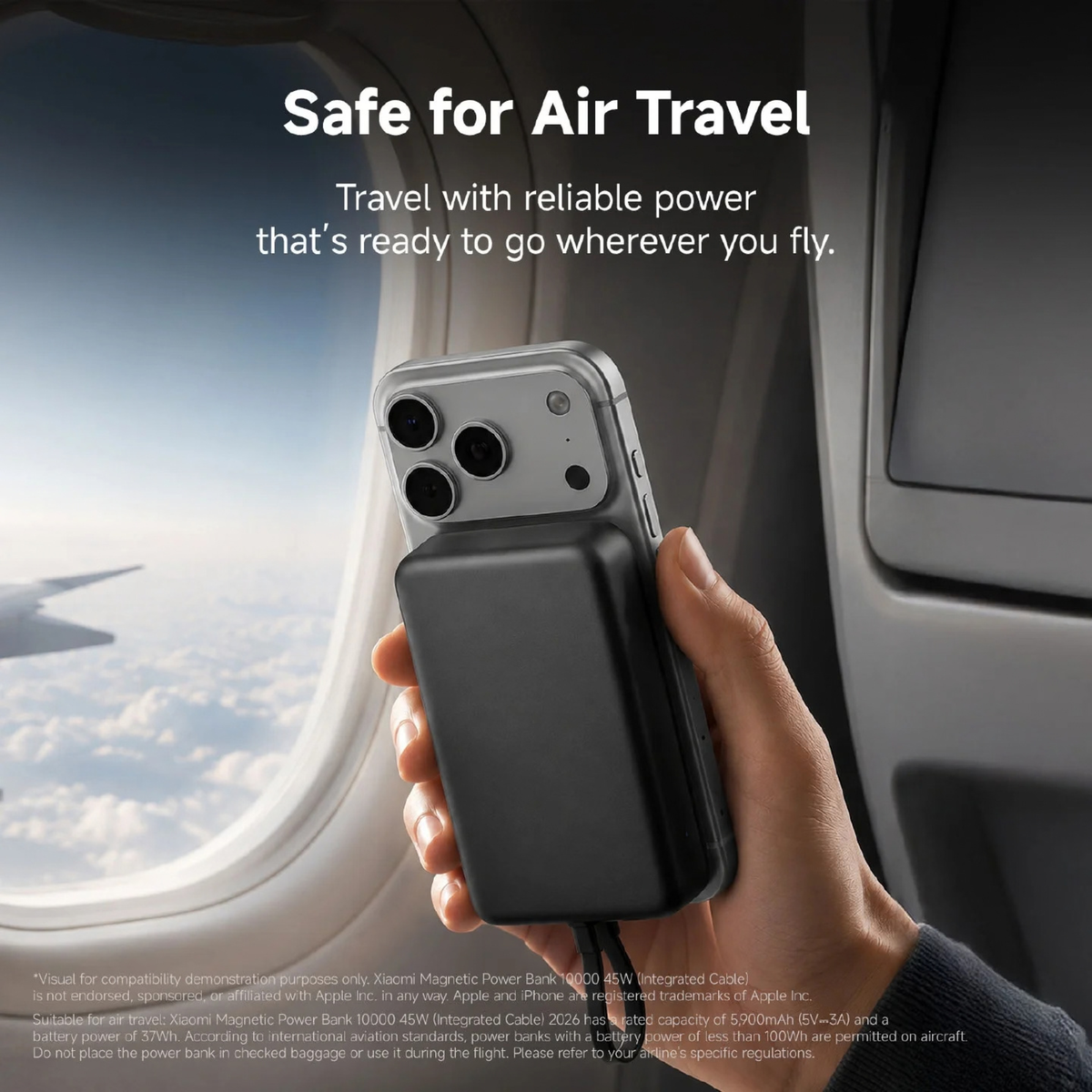 Xiaomi Magnetic Power Bank 10000 45W being used on airplane showing it is safe for air travel under 100Wh limit
