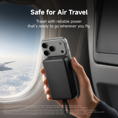 Xiaomi Magnetic Power Bank 10000 45W being used on airplane showing it is safe for air travel under 100Wh limit