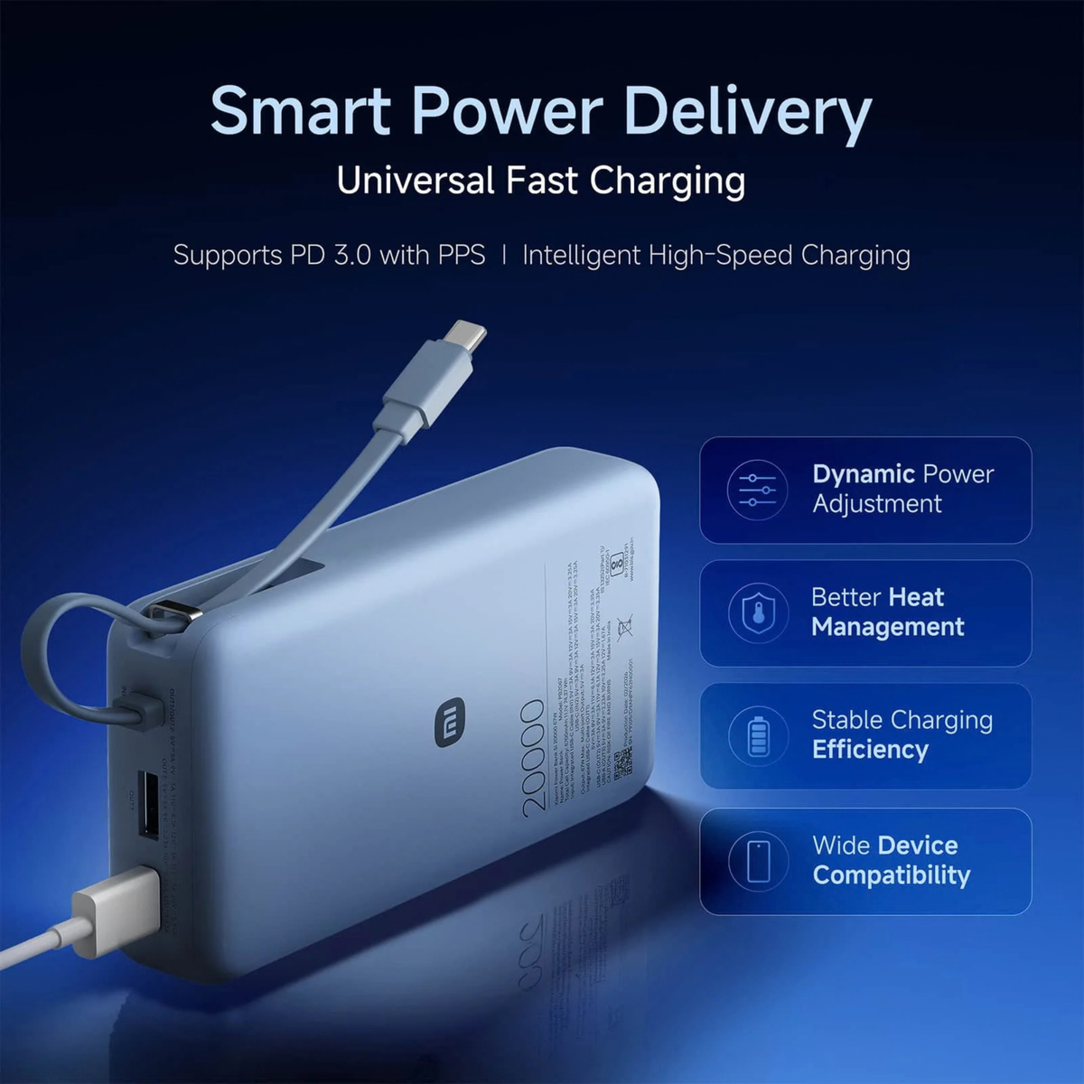 Xiaomi Power Bank 5i 20000 67W smart power delivery PD 3.0 PPS infographic showing dynamic power adjustment heat management stable charging and wide compatibility