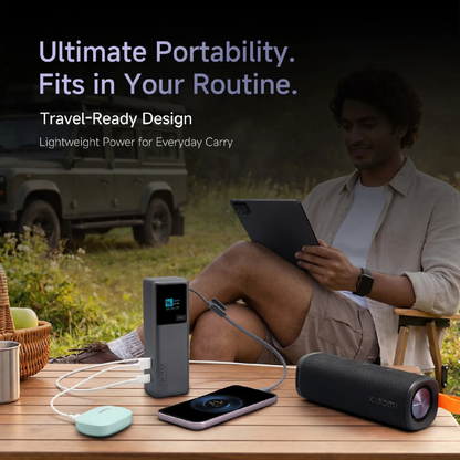 Xiaomi Power Bank 20000 165W travel-ready design charging multiple devices simultaneously in outdoor lifestyle setting
