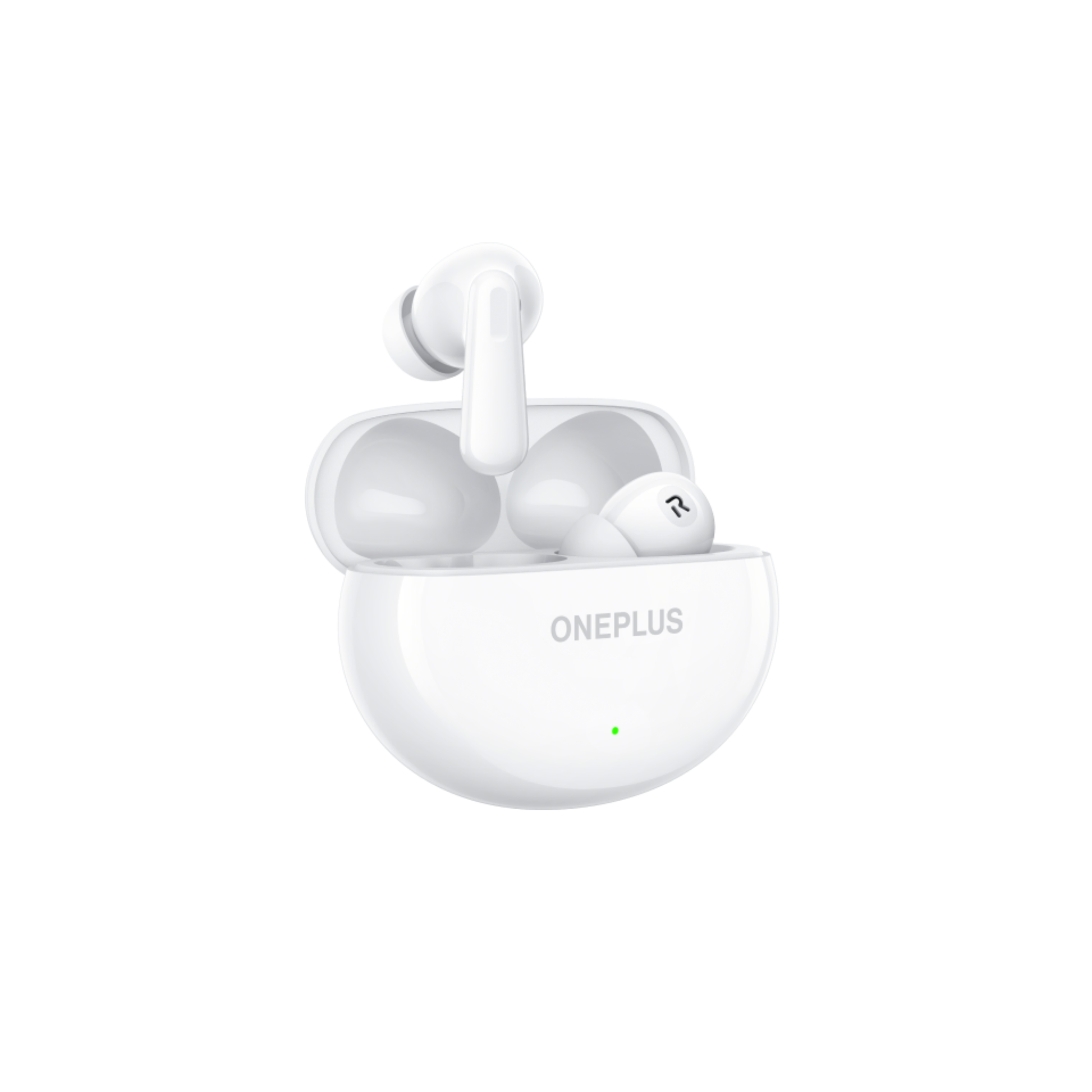 OnePlus Nord Buds 3 White charging case open angled view with one earbud out showing ONEPLUS branding