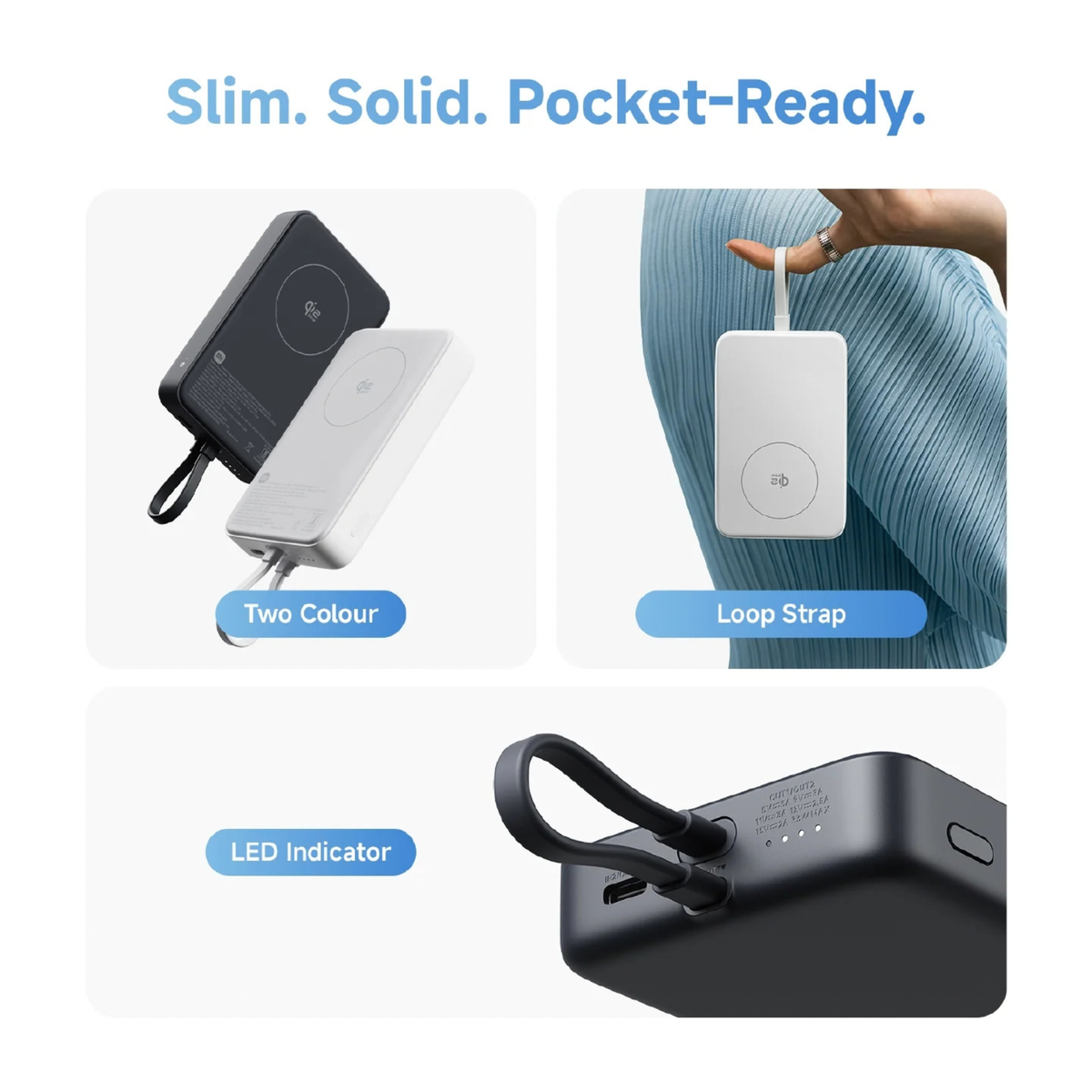 Xiaomi Magnetic Power Bank 10000 45W compact design showing both colors loop strap and LED battery indicator