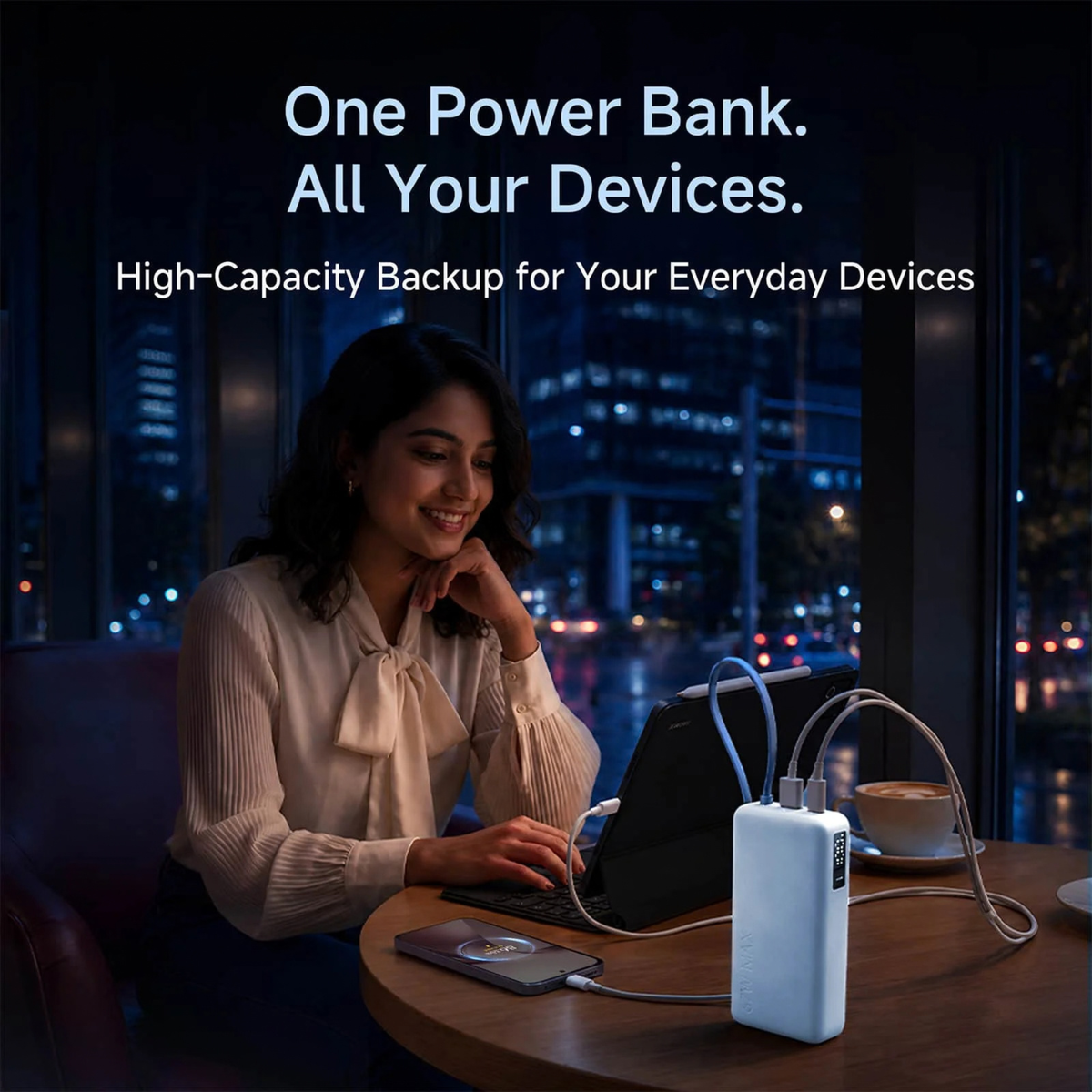 Xiaomi Power Bank 5i 20000 67W Blue charging multiple devices simultaneously in cafe lifestyle shot showing high capacity backup for everyday devices