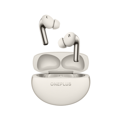 OnePlus Nord Buds 4 Pro white wireless earbuds floating above an open charging case