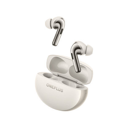 Angled view of OnePlus Nord Buds 4 Pro white earbuds floating above the open charging case