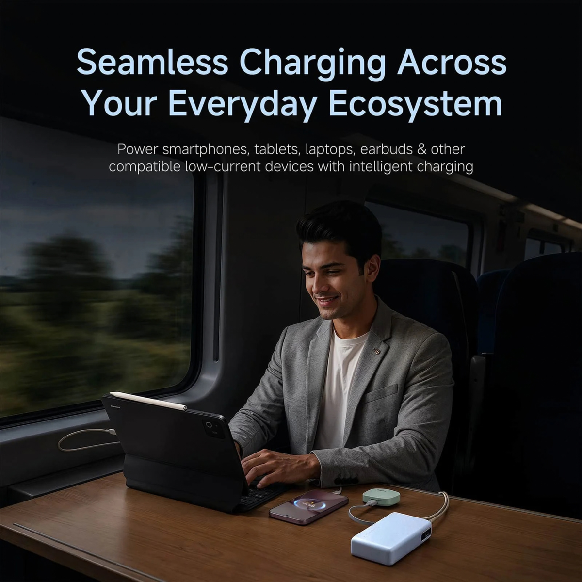 Xiaomi Power Bank 5i 20000 67W seamless charging across everyday ecosystem lifestyle shot charging smartphone tablet and earbuds on train