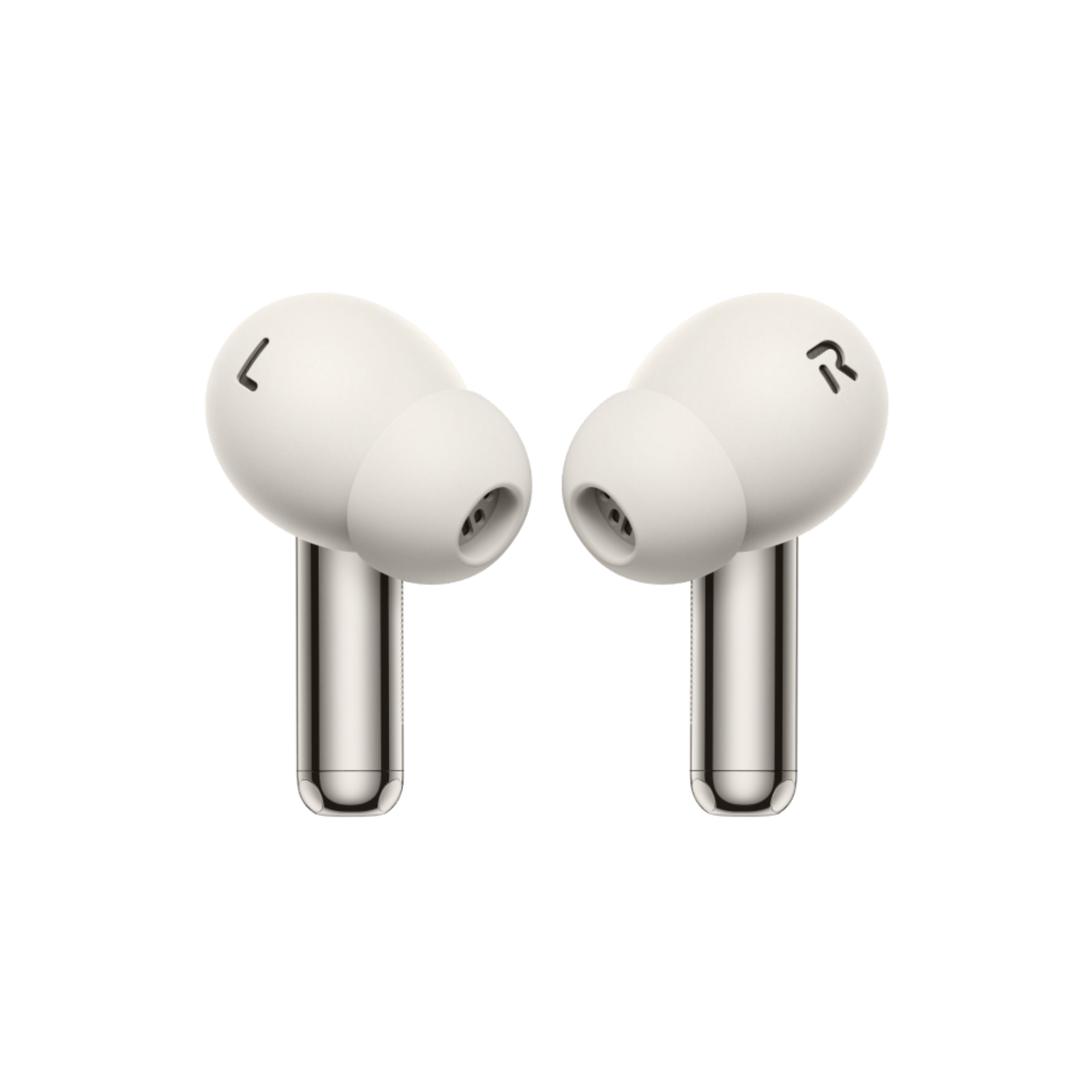 Front view of OnePlus Nord Buds 4 Pro white true wireless earbuds showing the speaker nozzles and stems