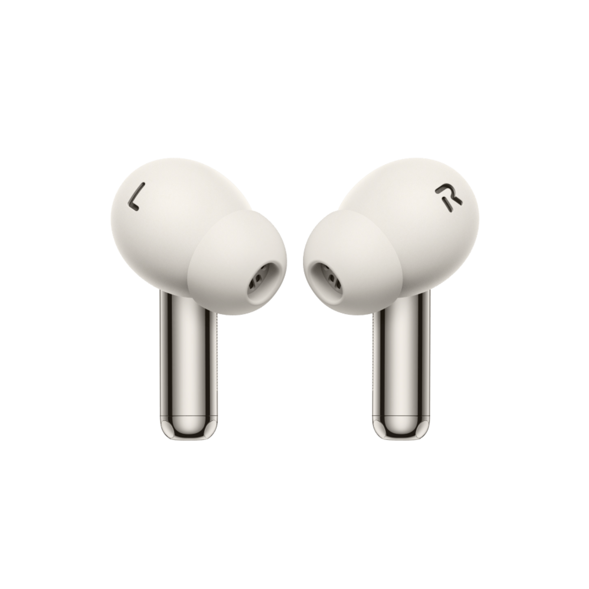 Front view of OnePlus Nord Buds 4 Pro white true wireless earbuds showing the speaker nozzles and stems
