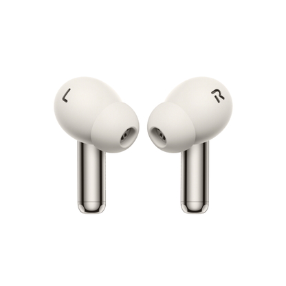 Front view of OnePlus Nord Buds 4 Pro white true wireless earbuds showing the speaker nozzles and stems
