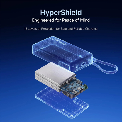 Xiaomi Power Bank 5i 20000 67W 12 layers of protection safety infographic showing temperature overcurrent short circuit over-voltage and over-charge protection features