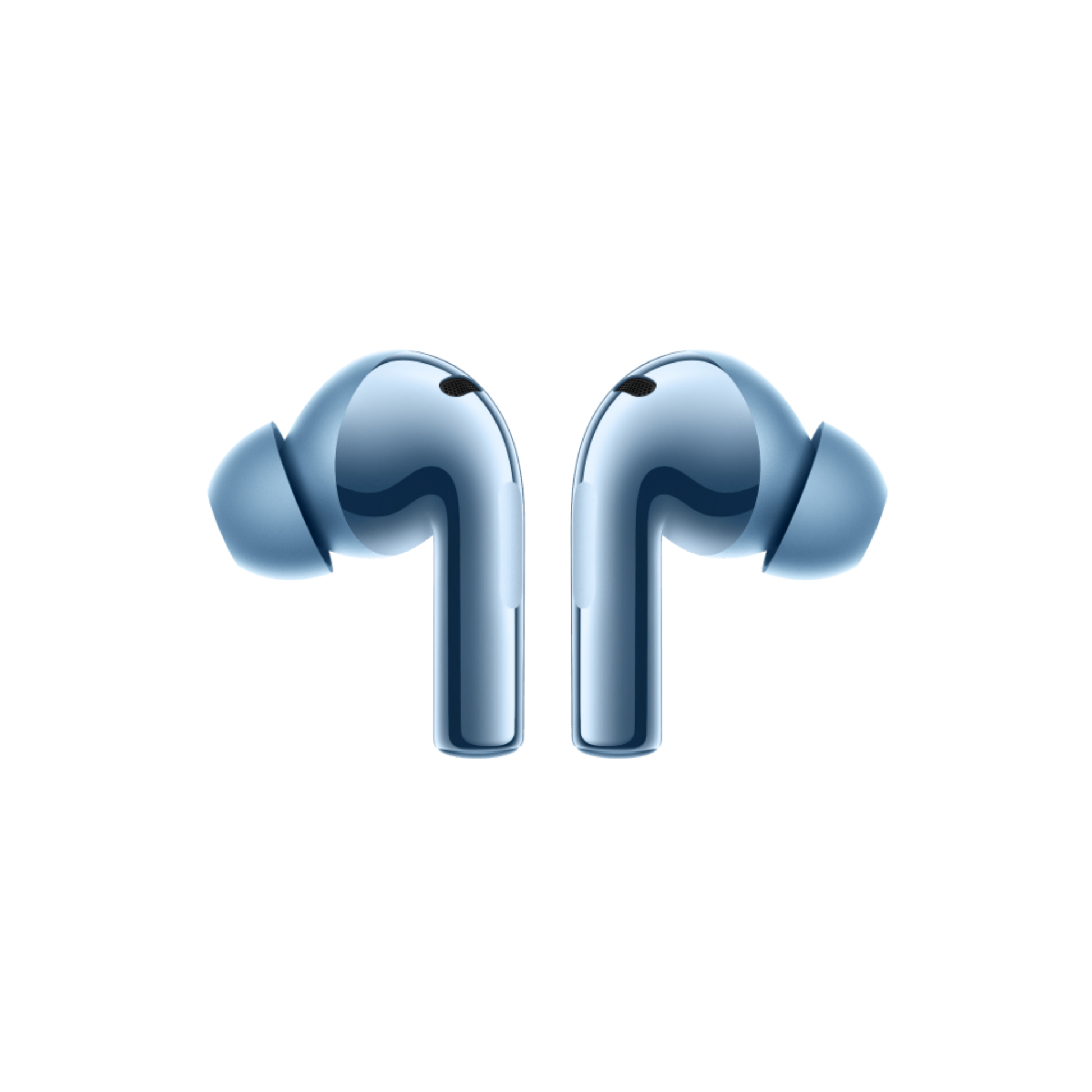 OnePlus Buds 3 Blue wireless earbuds side view showing curved stem and ear tip design